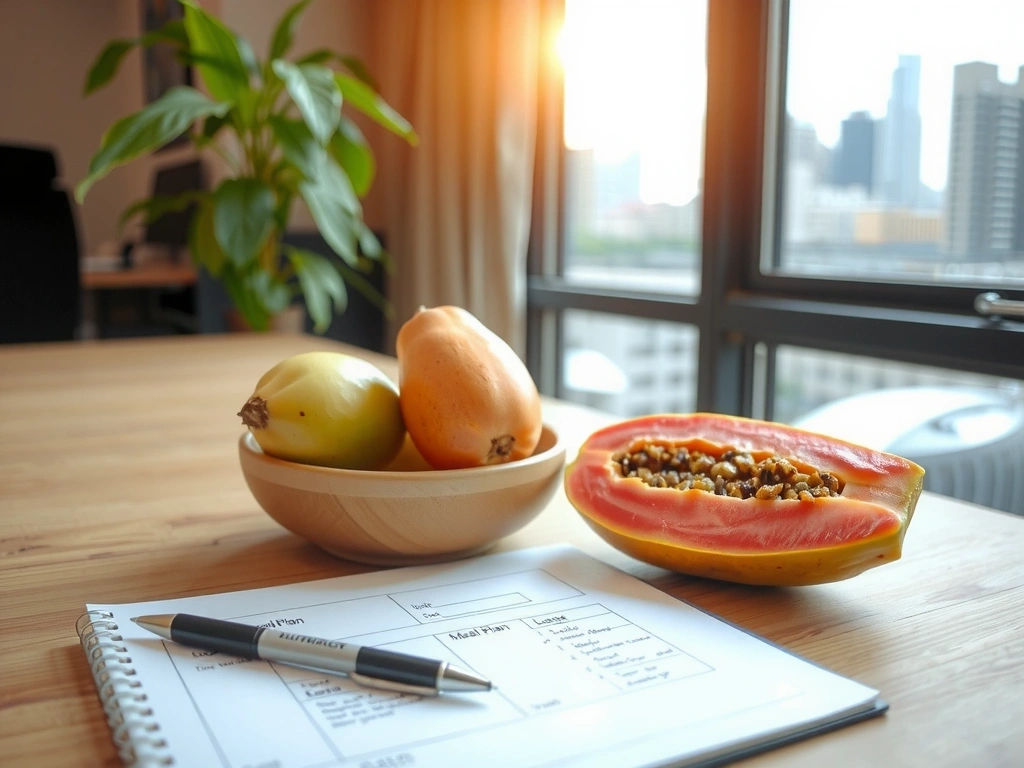 Nutritionist's desk with meal plan and local fruits